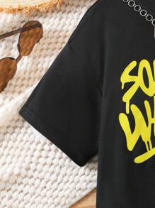 Girls' Casual Black Letter Print Front T-Shirt, Simple Style - Black - View 6