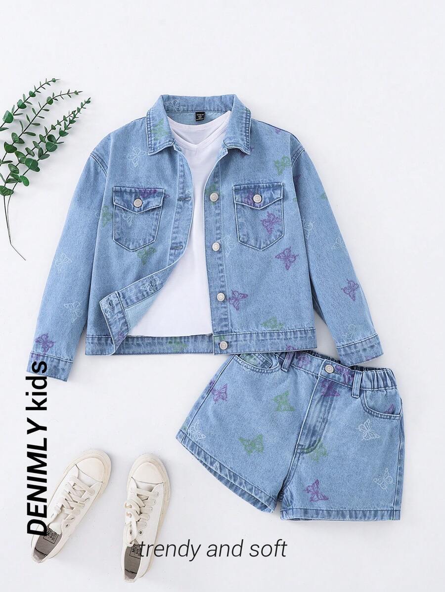 2pcs Girls Casual Basic Commuter Cute Print School Style Comfortable Denim Set - Medium Wash - View 1