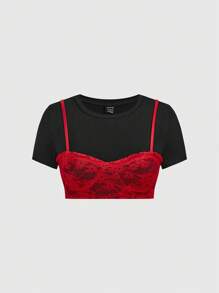 SHEIN ICON Women Round Neck Short Sleeve Lace Patchwork Casual Top, Everyday Wear - Black - View 1