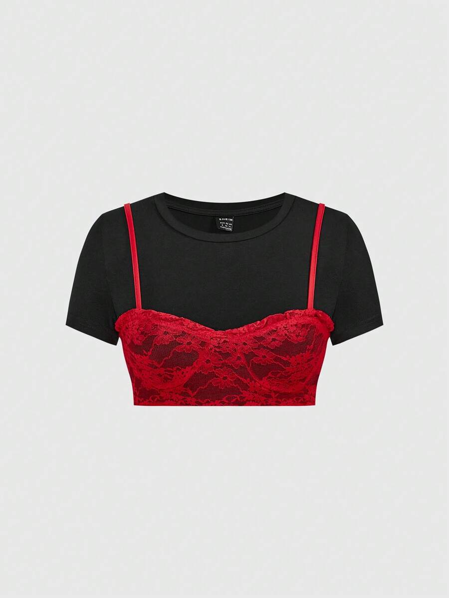 SHEIN ICON Women Round Neck Short Sleeve Lace Patchwork Casual Top, Everyday Wear - Black - View 1