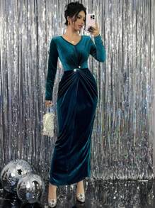 Modelyn Damska elegancka zielona aksamitna plisowana perłowa zdobiona sukienka typu bodycon, jesienno-zimowa długa damska sukienka wieczorowa