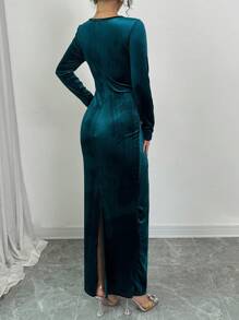 Modelyn Damska elegancka zielona aksamitna plisowana perłowa zdobiona sukienka typu bodycon, jesienno-zimowa długa damska sukienka wieczorowa