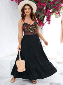 SHEIN VCAY Plus Size Boho Vacation & Valentine's Day Spaghetti Strap V-Neck Floral Print Ruched A-Line Dress, Valentine, For Summer,Beach Dress Sundress,Holiday Outfits - Black - View 2