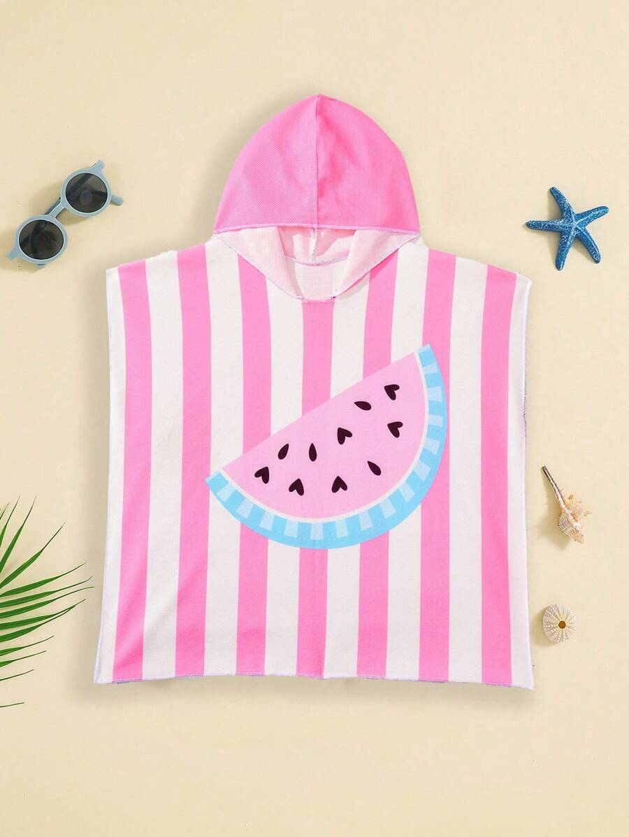 SHEIN Baby Girl Watermelon Stripe Print Hooded Beach Dress - White - View 1