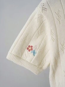 SHEIN Unity Spring & Summer White Floral Embroidered Hollow Casual Cute Knit Top - White - View 4