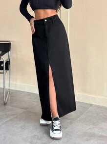 RueChic LOW RISE MAXI SKIRT WITH SLIT SIMPLE FASHIONABLE DAILY CASUAL - Black - View 5