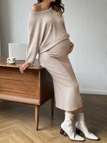 SHEIN Drop Shoulder 3/4 Sleeve Top & Bodycon One-Shoulder Skirt Set - Apricot - View 5