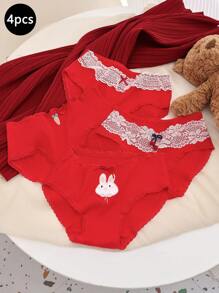 SHEIN Tween Girls 4pcs/Pack Cute Cartoon Red Pattern Comfortable Breathable Underwear - Red - View 1