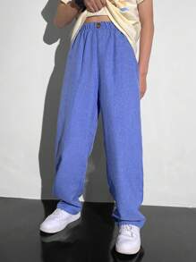 SHEIN Tween Boys' Casual Simple Front Buttons Long Pants, Versatile For Everyday Wear