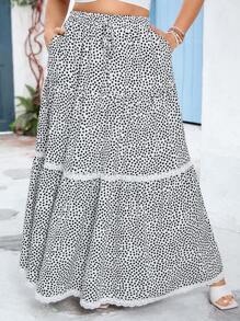 SHEIN VCAY Falda recta de talla grande con bolsillos, en tela de lunares y estampado floral patchwork, casual, para el Día de San Valentín