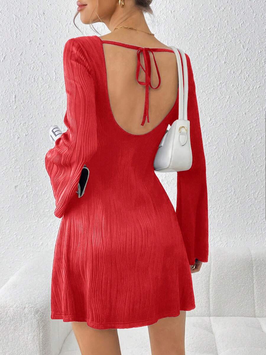 SHEIN Essnce Women's Long Sleeve Open Back Lace-Up Detail Dress