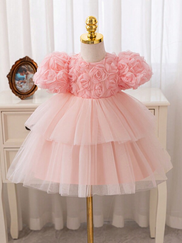 SHEIN Glamorique Kids Baby Girl Christmas Princess Girls Dress, Formal Party Dance Wedding Gown, Multi-Layer Tulle Floral Decorated Dress For Toddlers