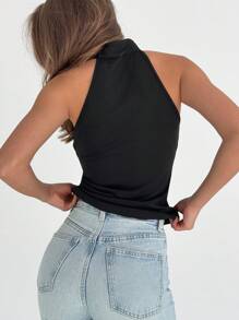 Aloruh Top de cuello halter elegante y retro de metal de color liso y versátil - Negro - Ver 2