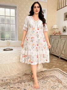 CottageSlumber Plus Size Romantic Floral Lace Patchwork Midi Nightgown - Multicolor - View 4
