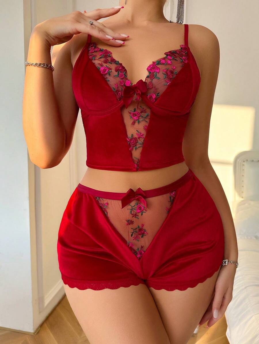 Embroidered Floral Sheer Splice Velvet Ladies Pajama Set - Burgundy - View 1