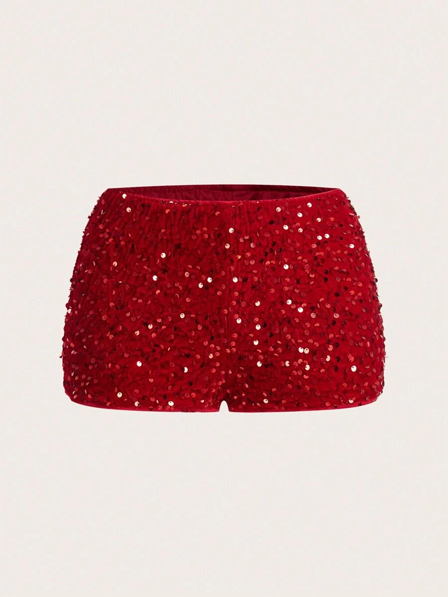 SHEIN ICON Sparkly Club/Party/Back To School Season Shorts - Red - View 1
