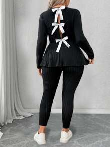 Calvaya Plus Size Women Casual Bow Decor Back 2pcs Loungewear Set Fall Cloth For Women - Black - View 4