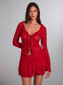 SHEIN BAE Women Ruffle Edge Front-Tie Long Sleeve Blouse - Red - View 5