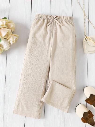 Genkimix Kids 年轻女孩休闲百搭宽松舒适纹理纯色阔腿裤杏色适合海滩度假春夏新款姐妹妈妈装度假夏季旅行