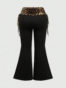 ROMWE Spring/Summer 2pcs/Set Plus Size Women Rhinestone Letter & Leopard Print Strapless Tube Drawstring Top And Pants Sexy Outfit, For Summer - Black - View 8