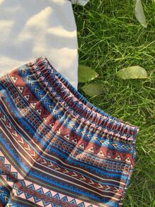 SHEIN 4pcs/Set Baby Boy/Girl Summer Retro Print Knit Soft Round Neck Short Sleeve Top, Elastic Waist Shorts, Solid Color Vest, Hat