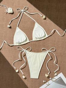 SHEIN Swim 夏季纹理优雅纯色吊带细肩带点缀休闲度假风格女士泳衣套装 - 米色 - 查看 2