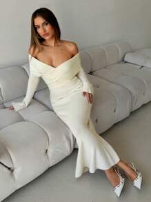 Aloruh Elegante off-shoulder crossover wrap bodycon zeemeermin lange mouwen gebreide trui jurk voor dames, abrikoos, warm voor dagelijkse dates, herfst/winter