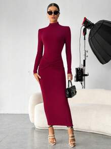 SHEIN Privé Đầm dài dự tiệc cổ cao thắt eo gợi cảm cổ điển thanh lịch màu đỏ rượu vang, thu/đông - Màu Đỏ Sâu - Xem 8