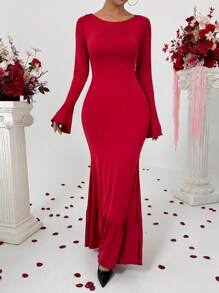 Calvaya Vestido con manga larga, hombros descubiertos, con entrelazado y volantes en color rojo para mujeres