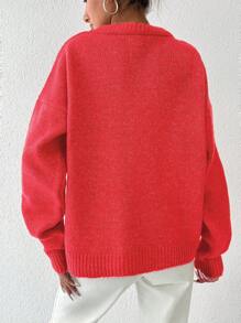 EURMUSE Solid Drop Shoulder Sweater - Red - View 2