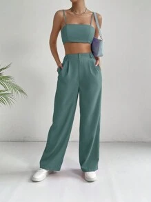 Muchica Commuting Style Pink Solid Crop Cami Top & Wide Leg Pants - Teal Blue - View 4