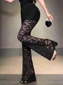DAZY Summer New Lace See-Through Flared Women Pants Carnival - Black - View 1