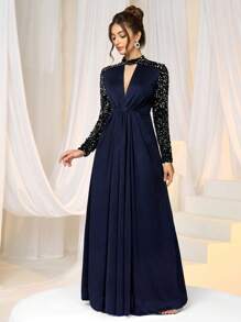 SHEIN Belle Women Sequin Patchwork Stand Collar Long Gown Dress For Party, Wedding Guest Dress, Prom Dress - Navy Blue - View 1