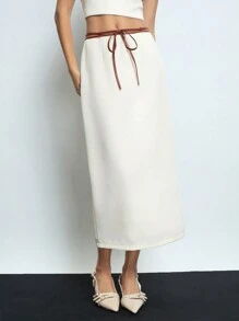 Maija Nuova gonna dritta midi in tweed bianca con lacci e corde in contrasto di colori, adatta per il capodanno, San Valentino e altri festival - Albicocca - Visualizzare 5