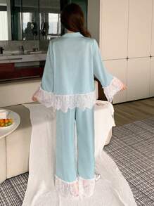 DAZY Women's Lace Patchwork Front Button Long Sleeve Casual Top And Mini Skirt Sleepwear Set Pajama - Baby Blue - View 2