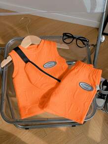 SHEIN 3pcs Set Baby Boy Casual Minimalist Sports 3D Letter Graphic Fabric Sleeveless Top And Shorts Outfit, Including Bag, Suitable For Outings, Spring & Summer