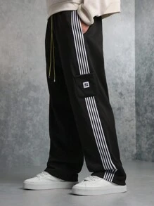 SUMWON Athletic Skater Fit Sweatpants With Side Stripes, Tapered Leg, Elastic Cuffs, Premium Fleece Jogger Pants For Sports, Streetwear, Loungewear, Autumn Winter Comfort - Black - View 2