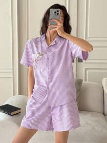 DAZY Simple Stripe Short Sleeve Shorts Pajama Set