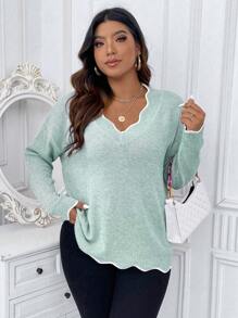 Calvaya Plus Scallop Trim Drop Shoulder Sweater, For Winter Knit Pullover Fall Sweater - Baby Blue - View 3