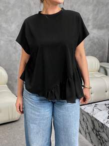 SHEIN Essnce 大码女装新款夏季7月4日机场可爱上衣时尚休闲通勤工作雪纺宽松T恤 - 黑色 - 查看 4