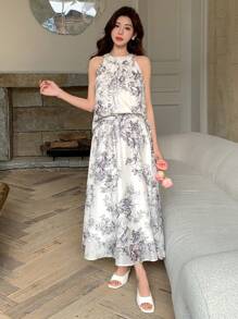 DAZY 女式全花卉印花背心和裙子 2 件套 - 米色 - 查看 9