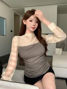 DAZY 夏季新款复古撞色女式衬衫透明长袖上衣 - 灰色 - 查看 4