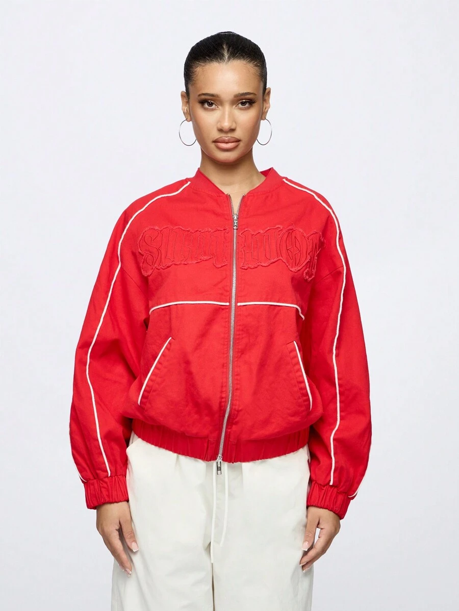 SUMWON WOMEN Classic Athletic Bomber Performance Jacket Modern Urban Streetwear Fall Winter Sports Team Outerwear Full Zip Active Daily Essential Ribbed Casual