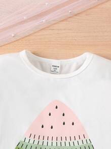 Young Girl New Spring/Autumn 2pcs/Set Outfit For 4-7 Years Old Girls, Casual Ribbed Collar Round Neck T-Shirt And Green Shorts, Suitable For Daily Wear & Outdoor Sports - White - View 8