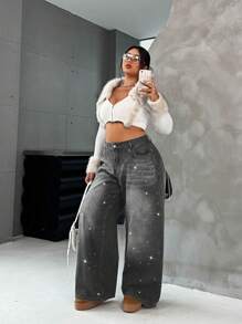 SHEIN ICON Black Plus Size Jeans Loose Straight Pants Diamond Jewelry Y2K Lined For Added Warmth Thermal Denim Jeans - Grey - View 3