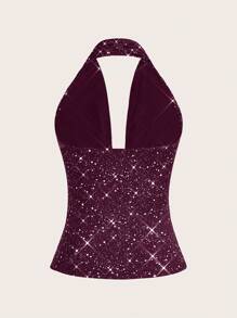 SHEIN Essnce Women's Sexy Top Fashionable Ruched Everyday Glitter Neck Ruched Fitted Camisole Suitable For Going Out And Parties Top Metallic Top Women Clothes