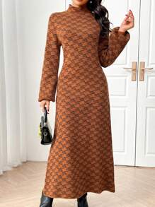 Modelyn Women's Stand Collar Long Sleeve All-Over Print Simple Long Sweater Dress - Brown - View 5