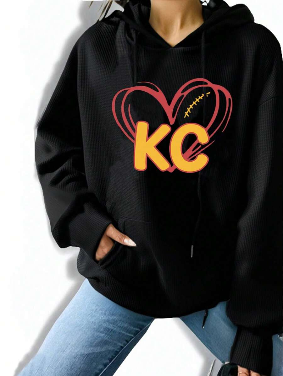 SHEIN EZwear Heart Graphic Hooded Sweatshirt With Drawstring, Casual & Fashionable For Daily Wear Pullover Fall Sweatshirt - Black - View 1