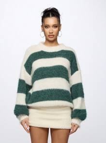 MISSGUIDED 毛绒针织超大条纹套头衫冬季毛衣舒适温暖假日柔软套头衫秋季时尚长袖针织衫 - 彩色 - 查看 1