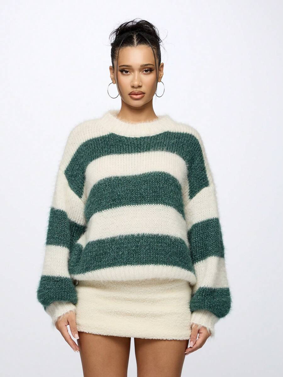 MISSGUIDED 毛绒针织超大条纹套头衫冬季毛衣舒适温暖假日柔软套头衫秋季时尚长袖针织衫 - 彩色 - 查看 1